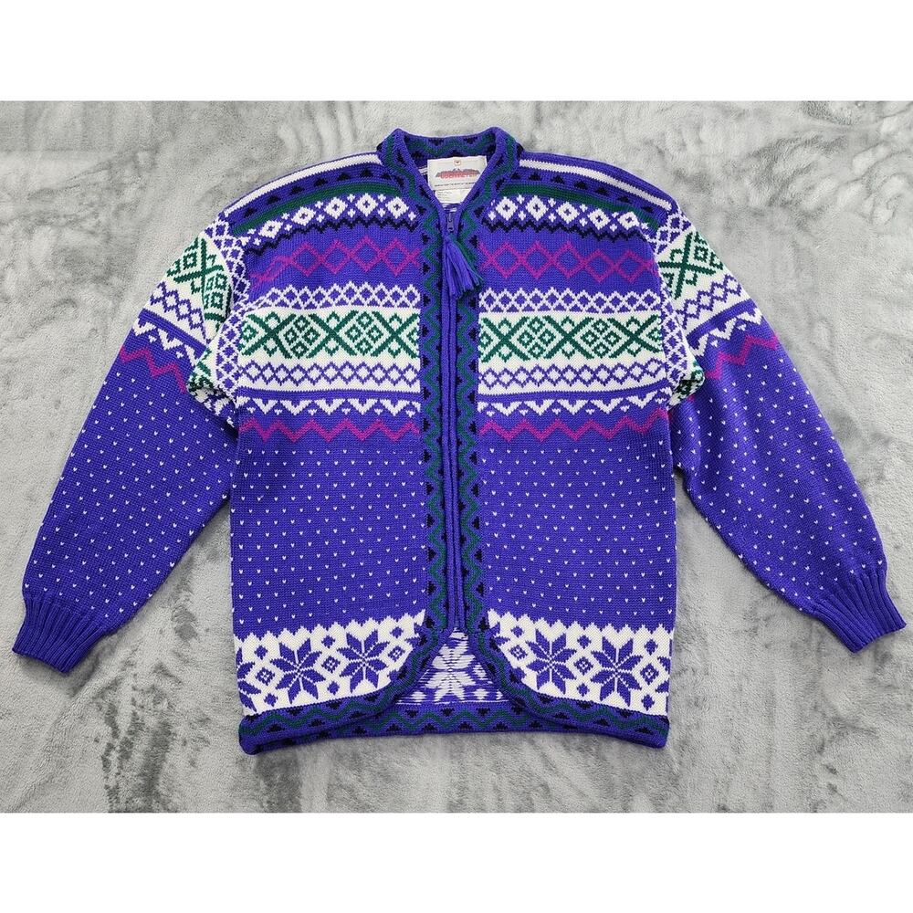 Vintage Obermeyer Kladia Wool Blend Fair Isle Full Zip Cardigan Size‎ L Purple